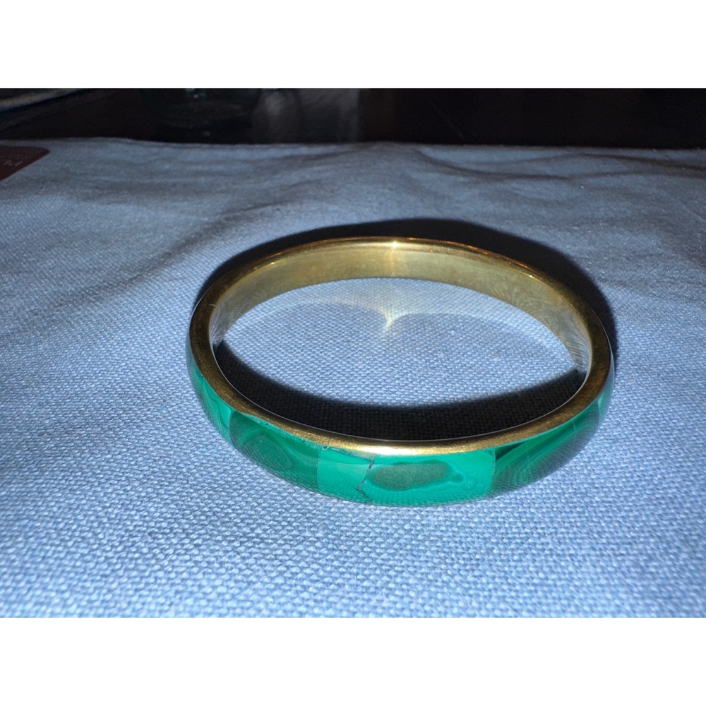 Vintage Brass Malachite Inlay Bangle Bracelet Green Gold Tone Boho Statement